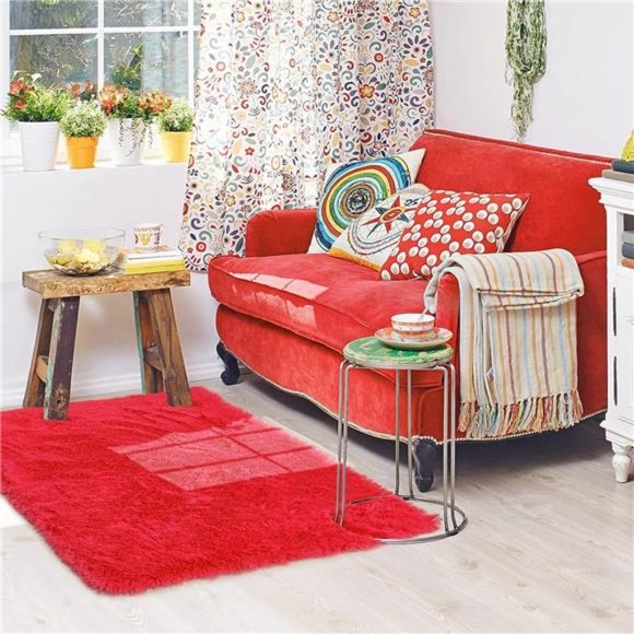 Red Rug for Bedroom,4'X6',Fluffy Shag Rug for Living Room,Furry Carpet for Kids - Picture 3 of 6